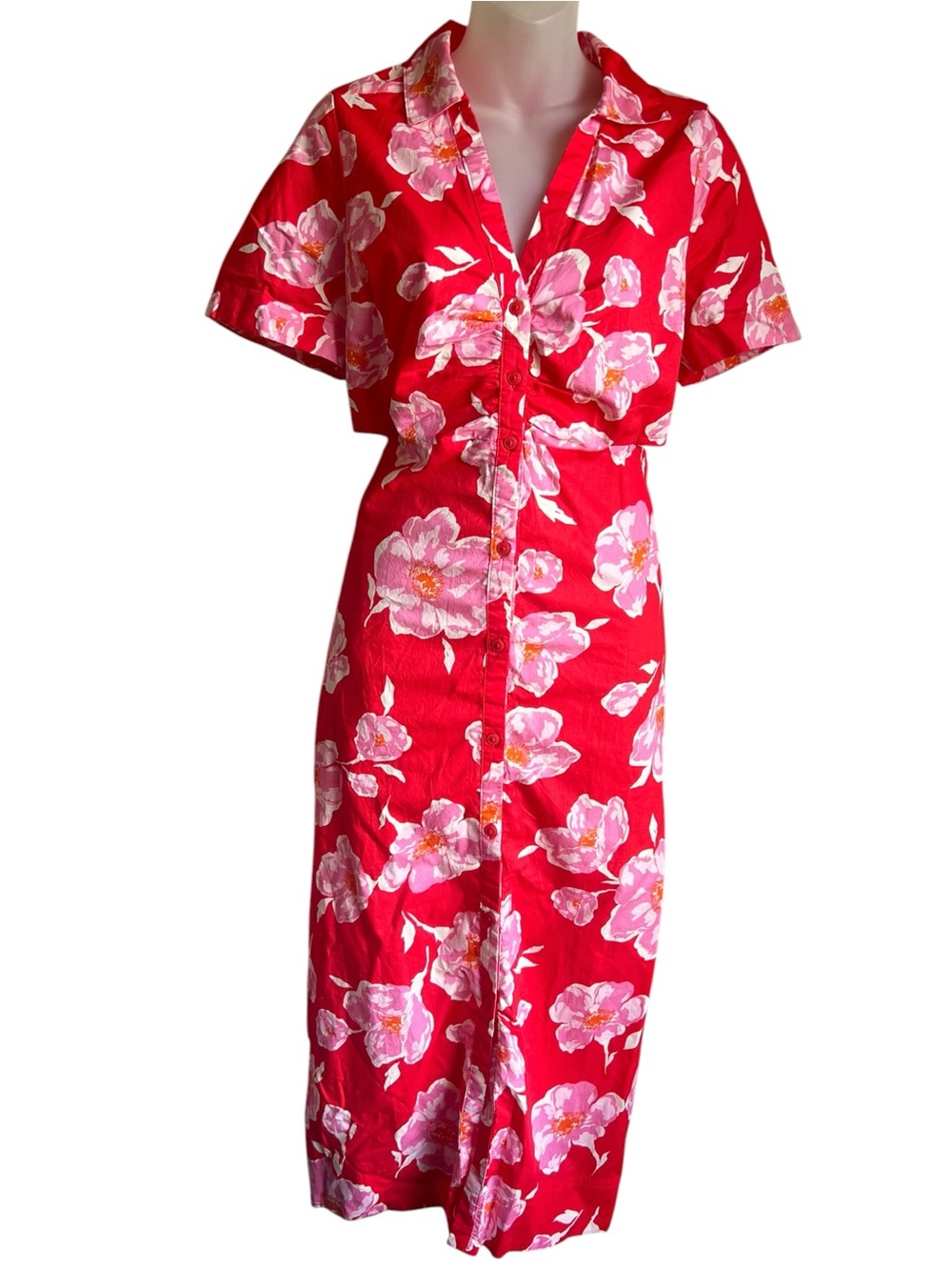 Old Navy Womens M Cutout Retro Midi Dress Red Pink Floral Cotton Button Front